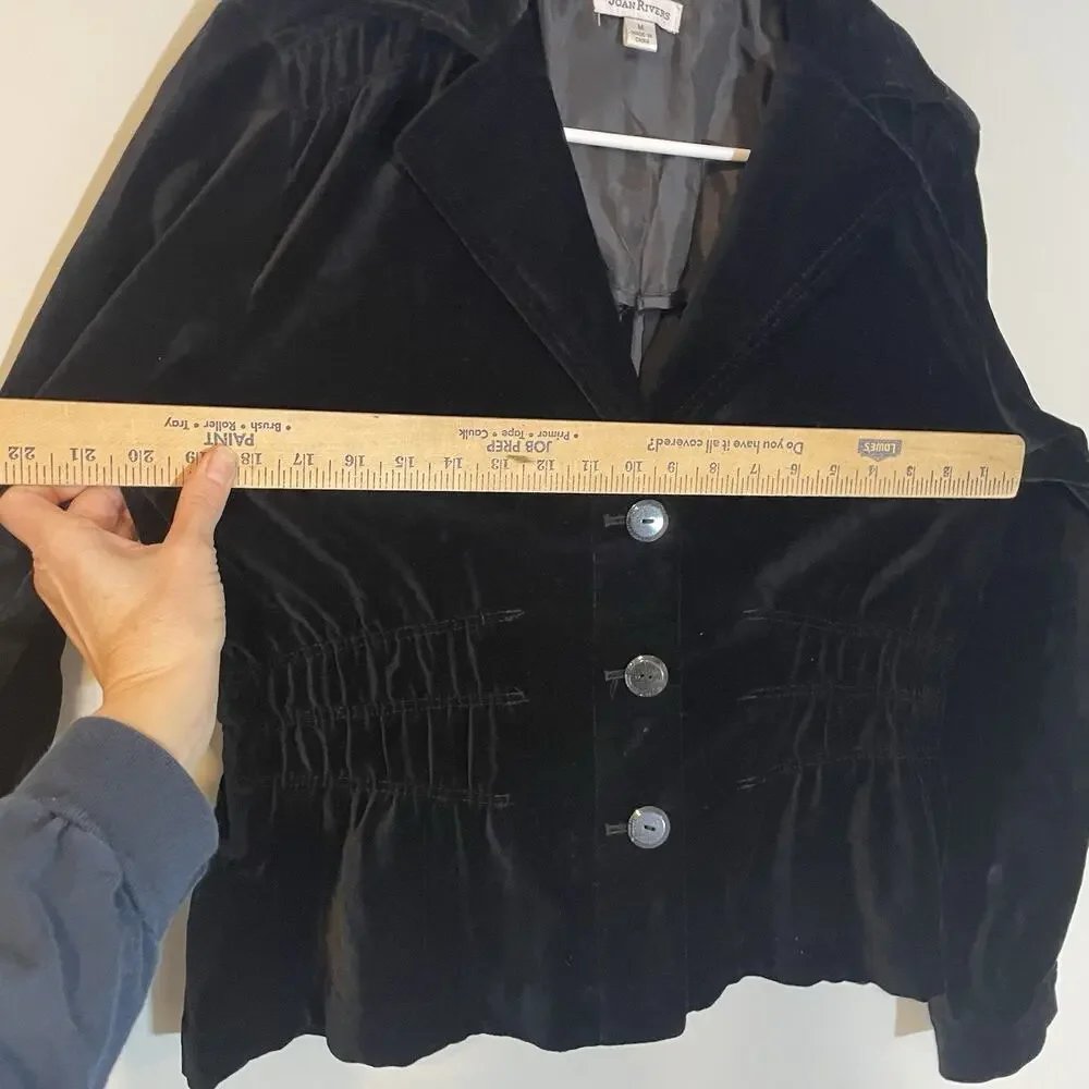 Joan Rivers Black‎ Blazer Jacket Sz M Velvet Gathered Smocked Goth Dark Academia